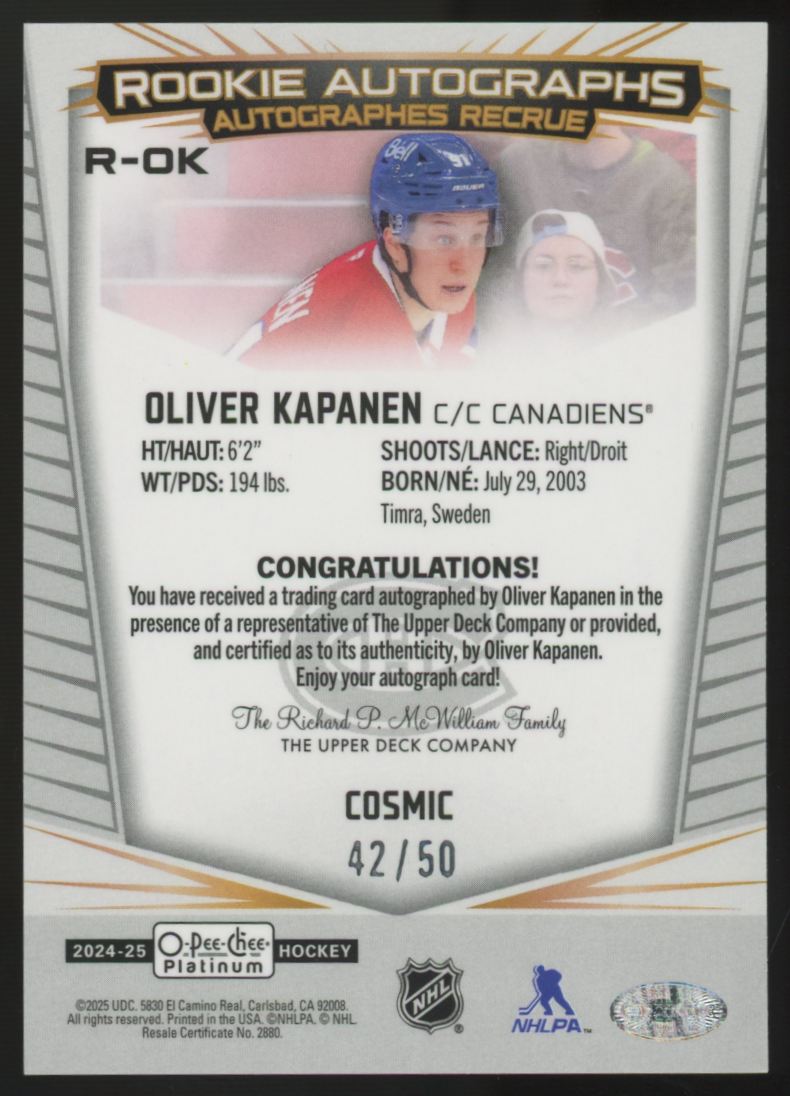2024-25 O-Pee-Chee Platinum Oliver Kapanen RC Cosmic Auto /50 #R-OK