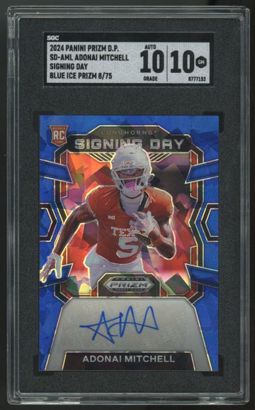 2024 Prizm Draft Adonai Mitchell RC Blue Ice Signing Day Auto /75 SGC 10 10