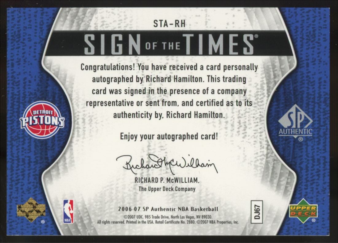 2006-07 UD SP Authentic Richard Rip Hamilton Sign Of The Times Auto /50 #STA-RH