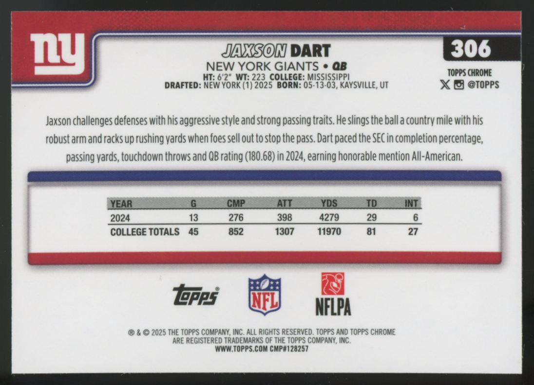 2025 Topps Chrome Jaxson Dart RC X-Fractor #306