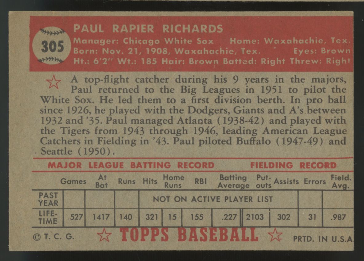 1952 Topps Paul Richards RC #305 VG/EX