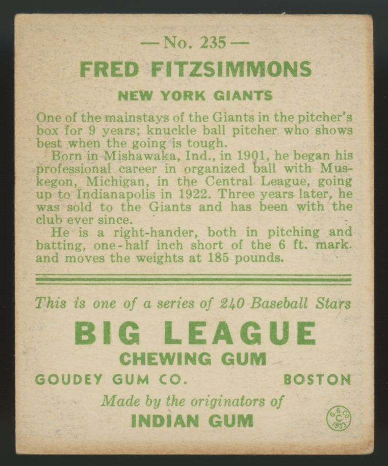 1933 Goudey Fred Fitzsimmons #235 VG