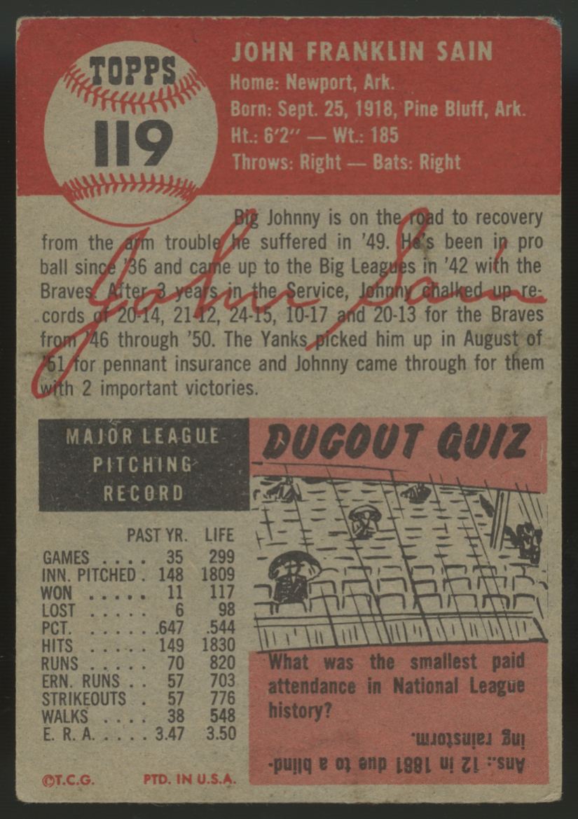 1953 Topps John Sain #119 Poor (Tape)