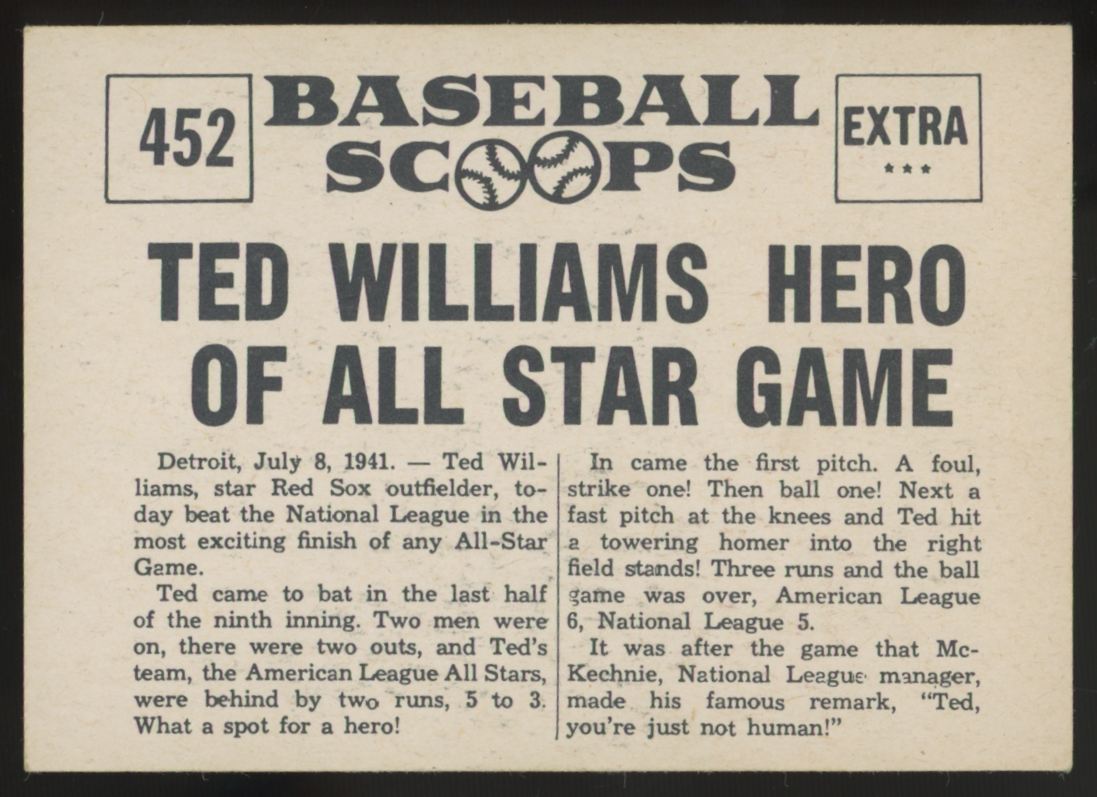 1961 Nu-Card Baseball Scoops Ted Williams Hero Of The Game #452 EX/MT