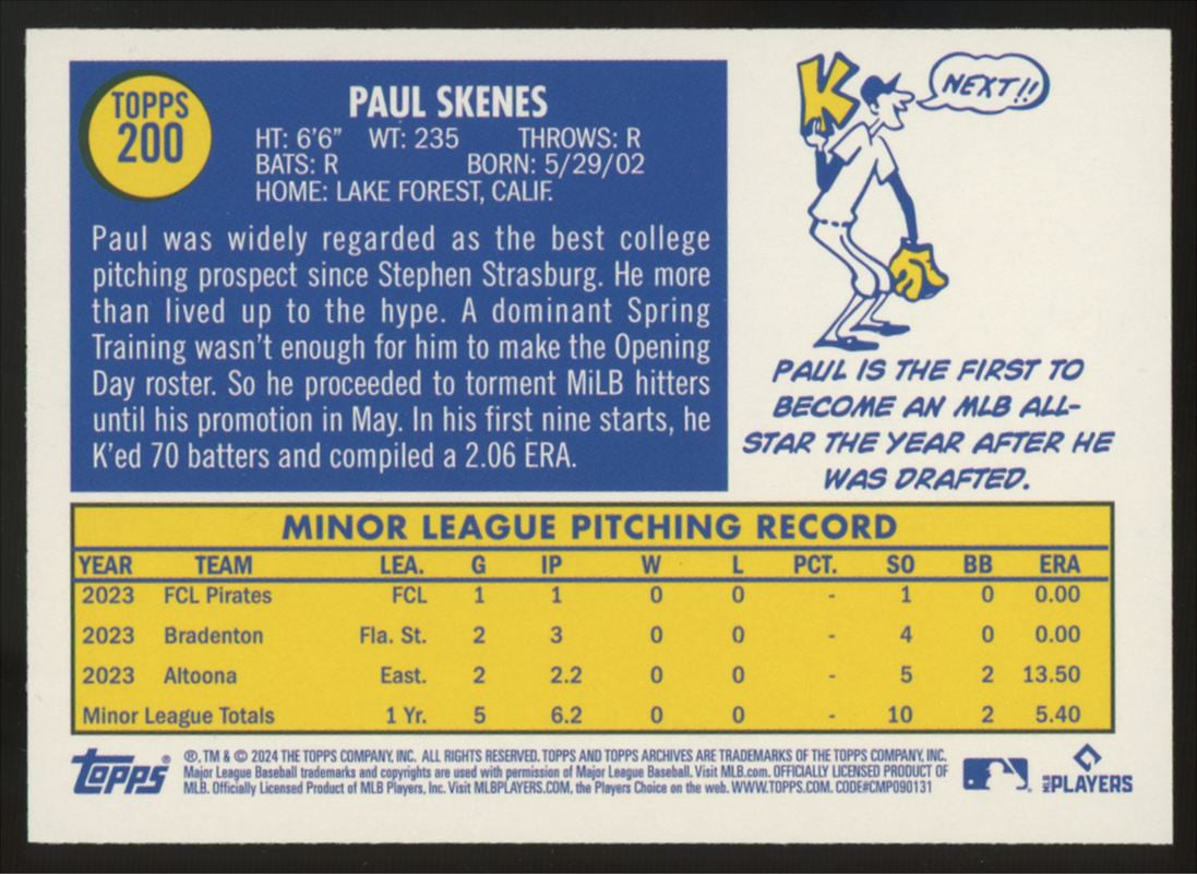 2024 Topps Archives Paul Skenes RC 1970 Yellow Refractor #200