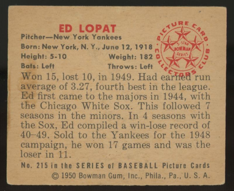 1950 Bowman Ed Lopat #215 VG/EX