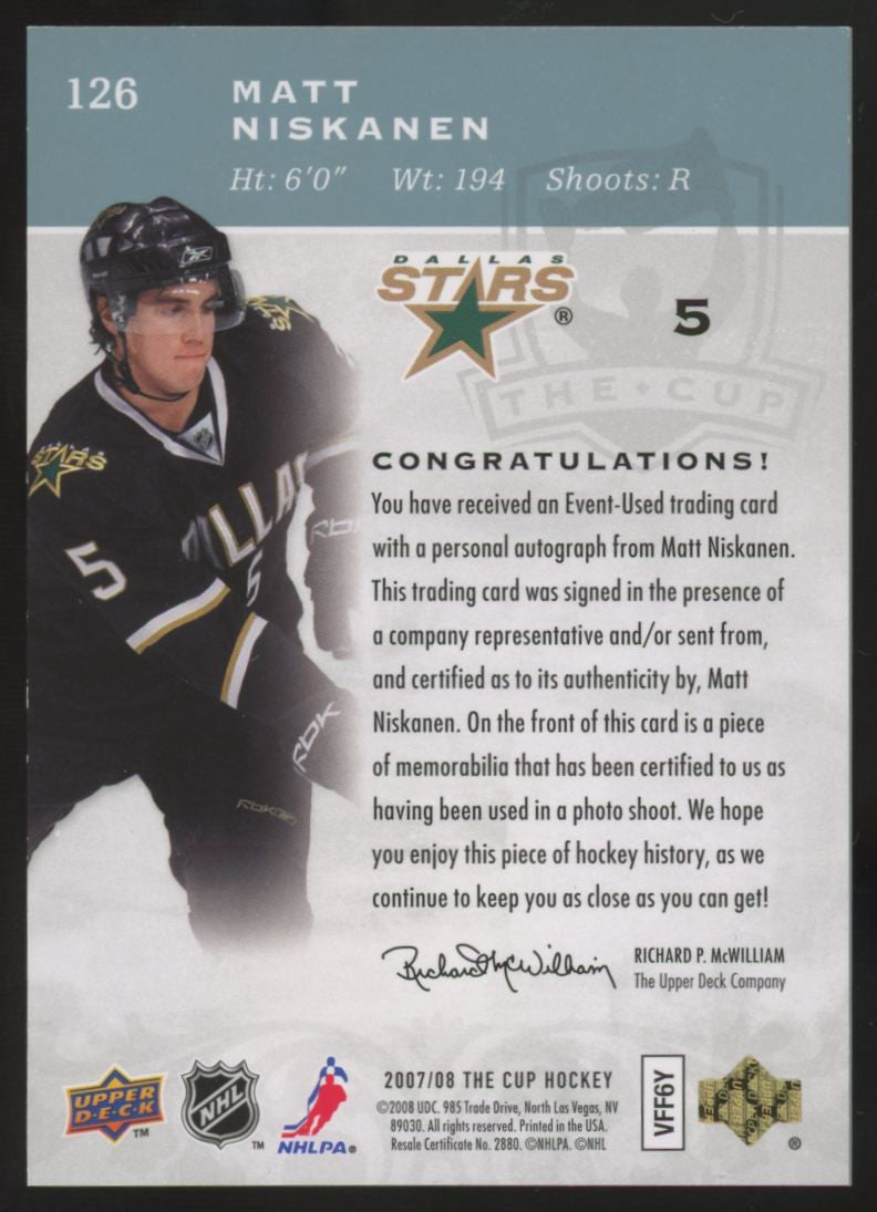 2007-08 Upper Deck The Cup Matt Niskanen RC Patch Auto RPA /249 #126