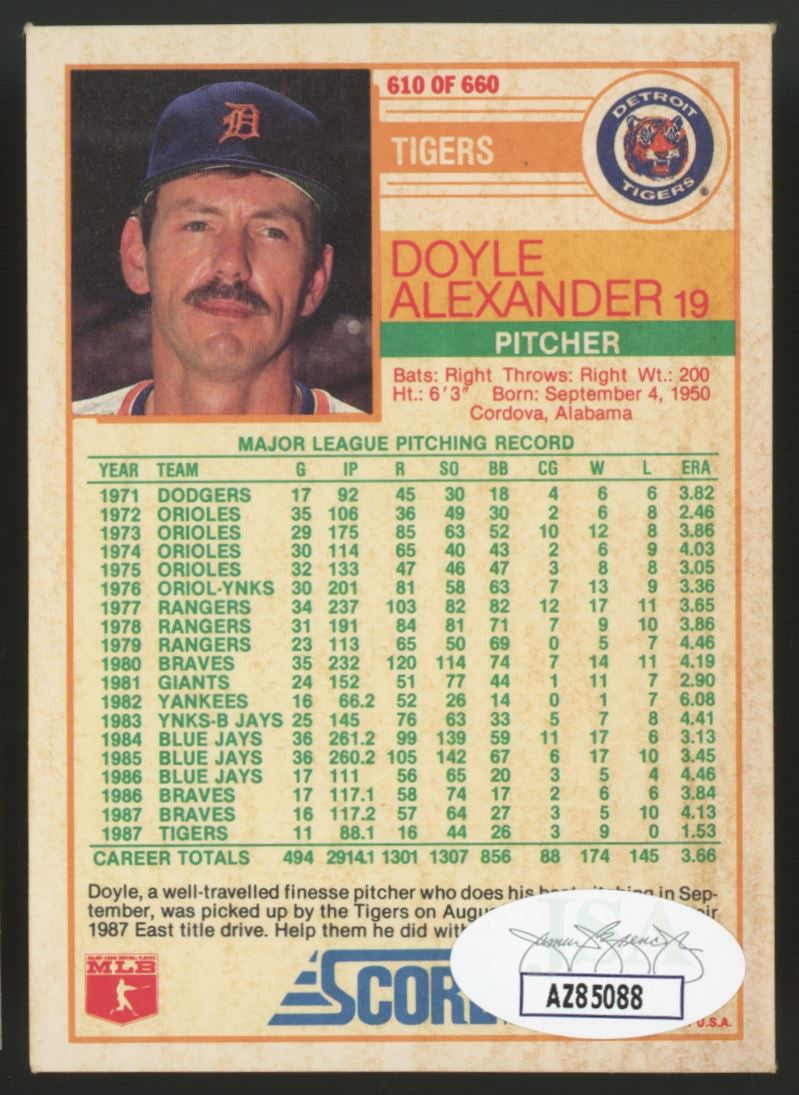 1988 Score Doyle Alexander #610 Signed Auto JSA