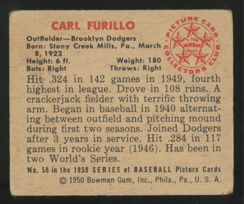 1950 Bowman Carl Furillo Picture Card #58 Good