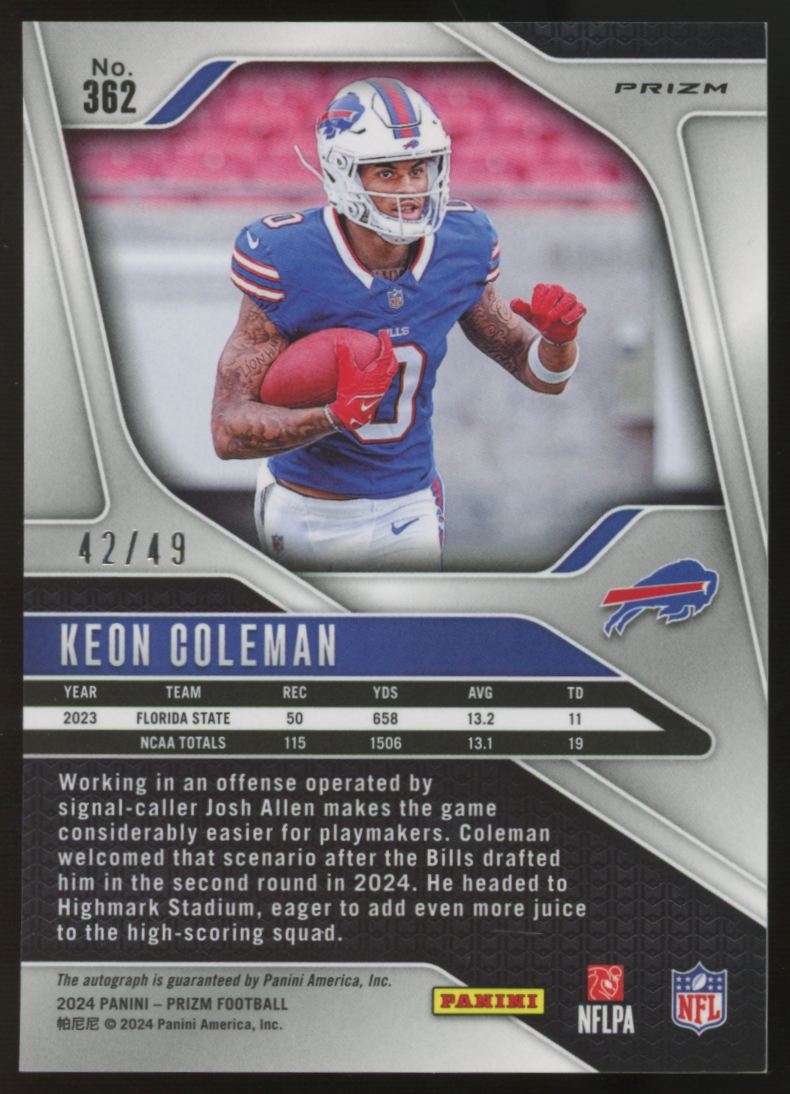 2024 Panini Prizm Keon Coleman RC Purple Power Auto /49 #362