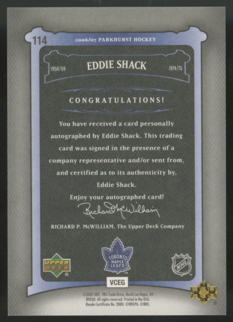 2006-07 Upper Deck Parkhurst Eddie Shack Auto #114
