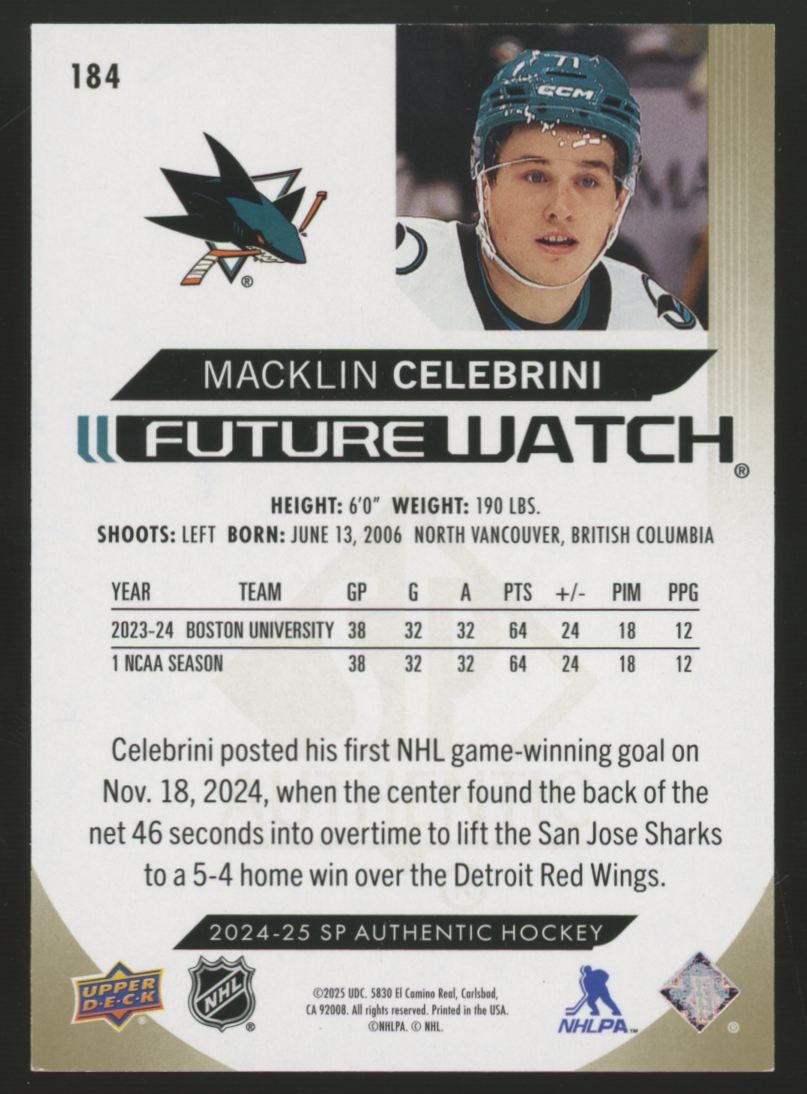 2024-25 UD SP Authentic Macklin Celebrini RC Limited Future Watch Gold /99 #184