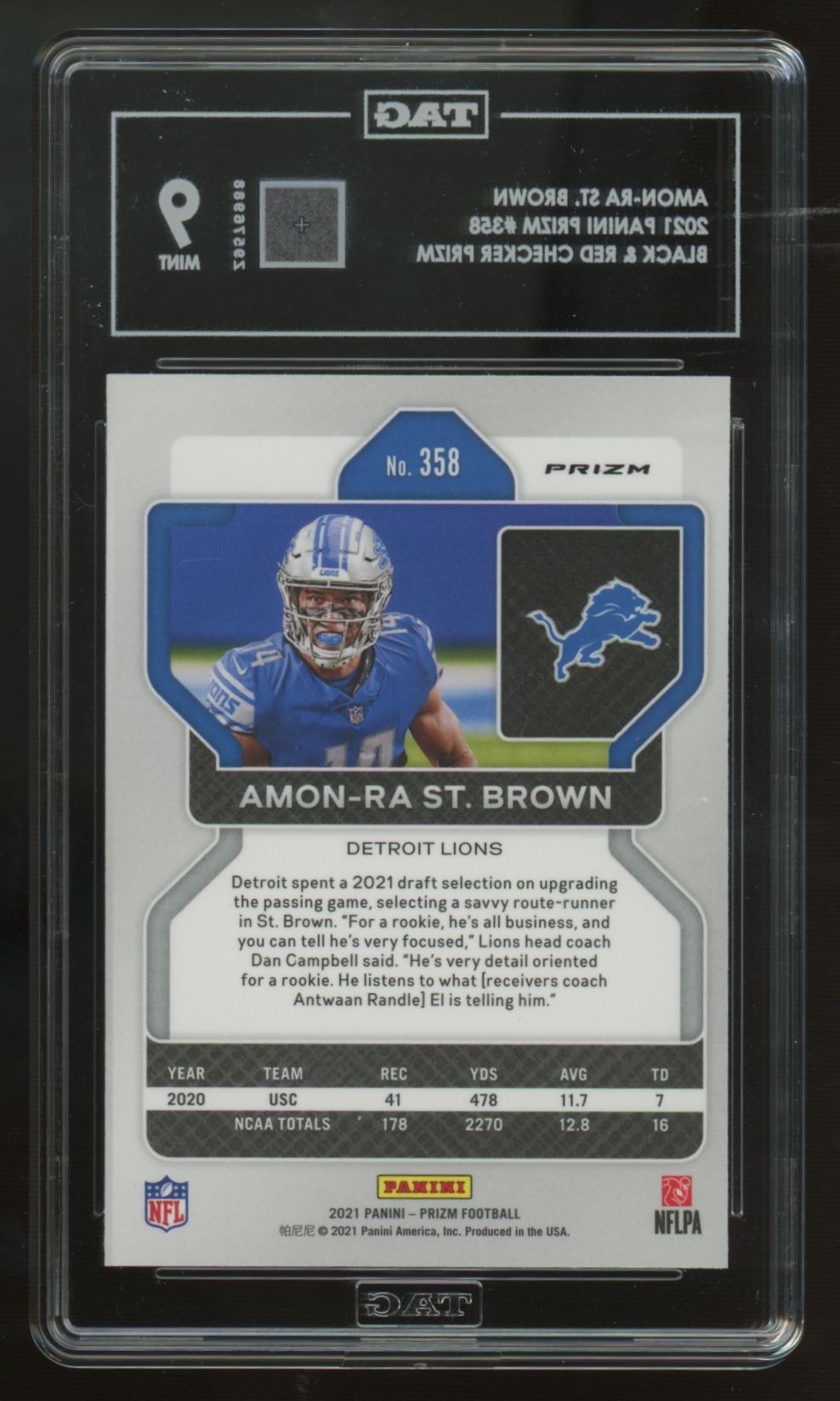 2021 Panini Prizm Amon-Ra St. Brown RC Black And Red Checker #358 TAG 9