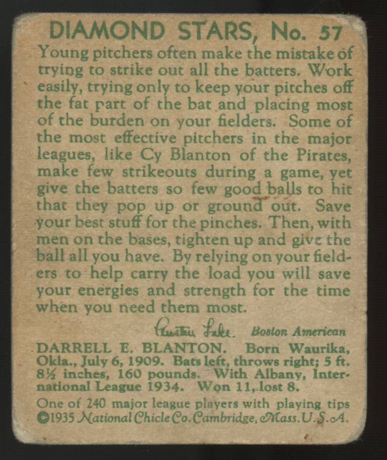1935 National Chicle Darrell "Cy" Blanton Diamond Stars #57 Poor