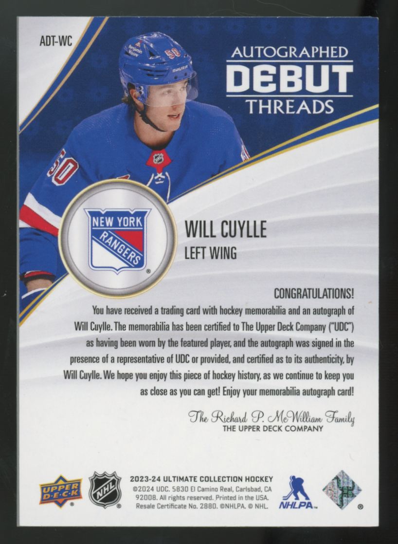 2023-24 Upper Deck Ultimate Will Cuylle RC Debut Patch Auto /99 #ADT-WC