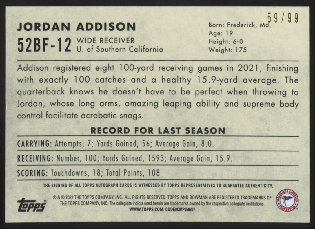 2022 Bowman Chrome University Jordan Addison 1952 Auto /99 #52BF-12