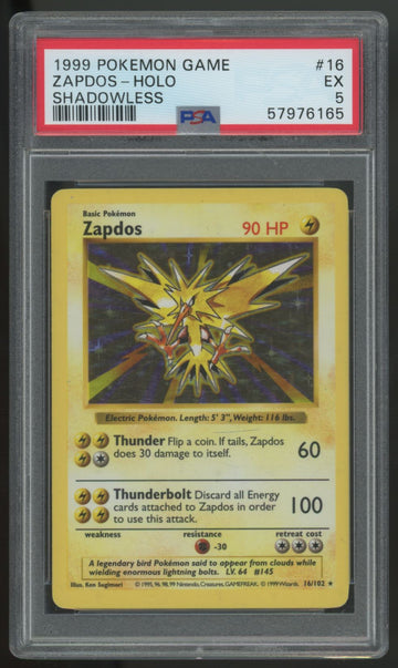 1999 Pokemon Zapdos Base Set Holo Shadowless #16 PSA 5