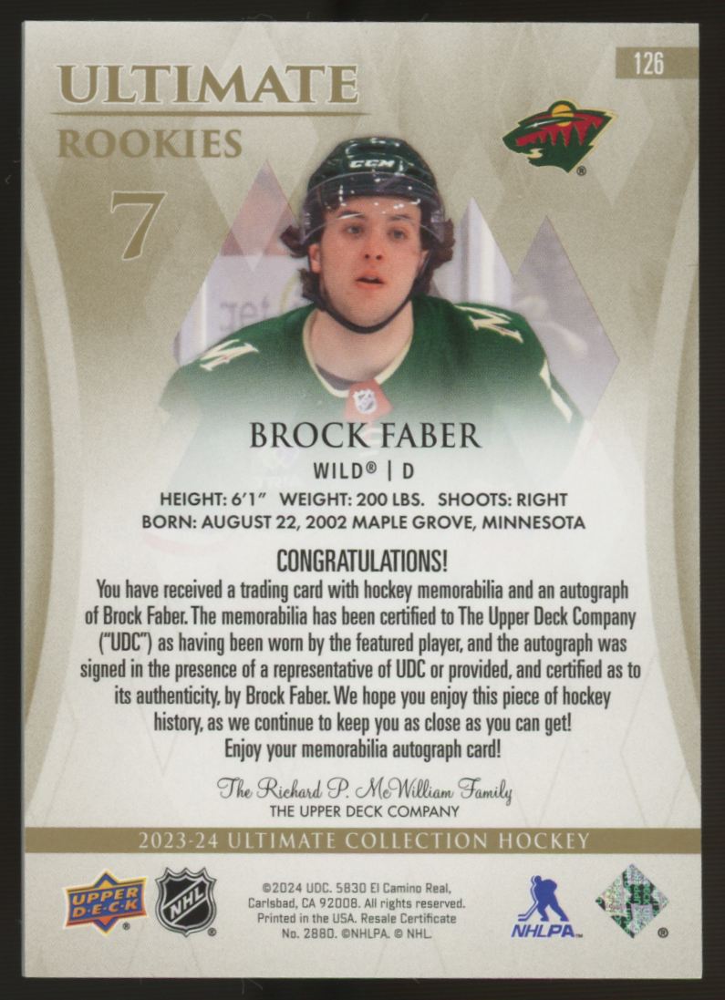 2023/24 UD Ultimate Collection Brock Faber RC Patch Auto RPA /99 #126