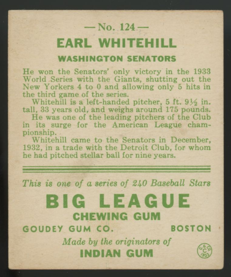 1933 Goudey Earl Whitehill #124 EX