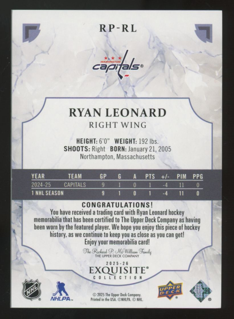 2025-26 UD Black Diamond Exquisite Ryan Leonard RC Patch /99 #RP-RL