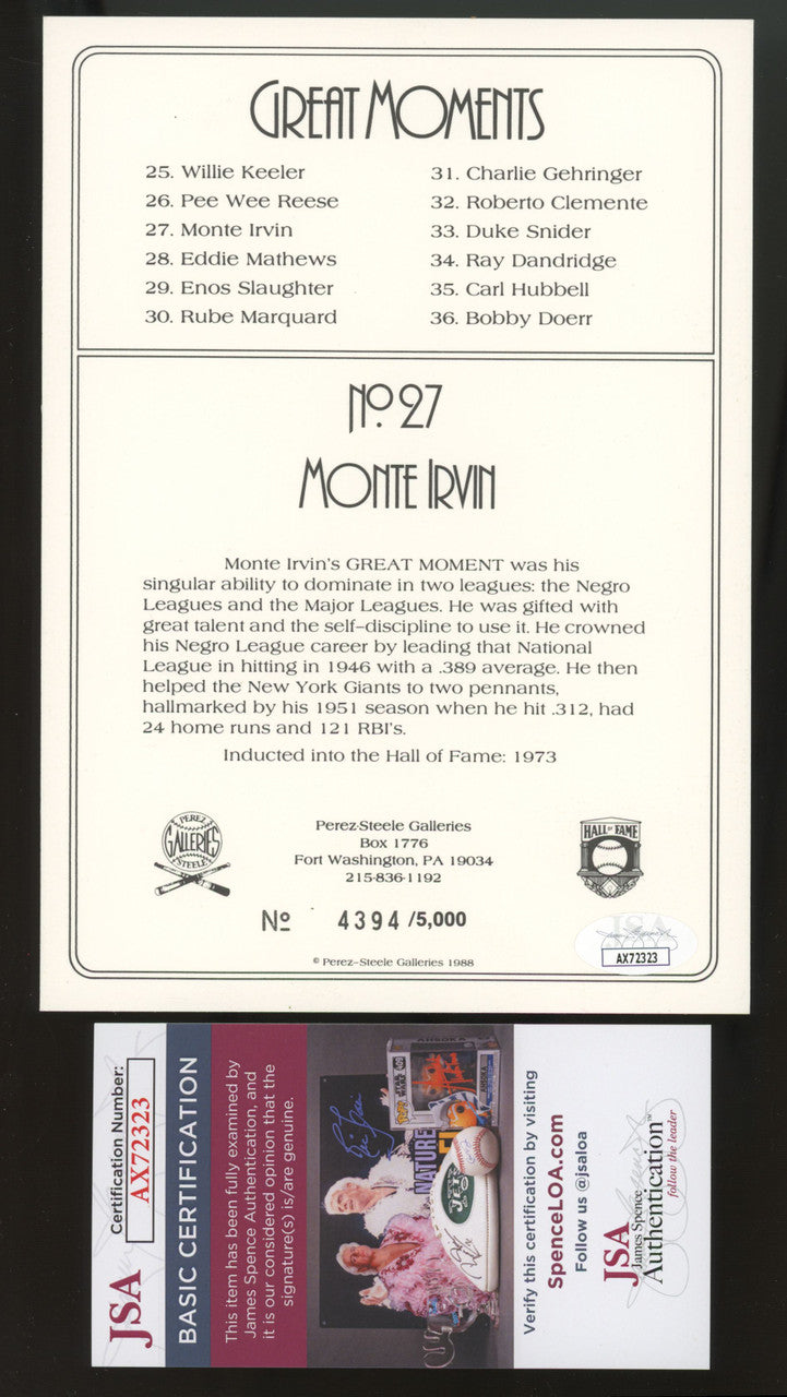 1988 Perez Steele Turkey Red Monte Irvin Signed Autographed #27 /5000 JSA