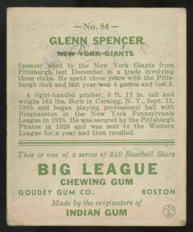 1933 Goudey Glenn Spencer #84 G/VG