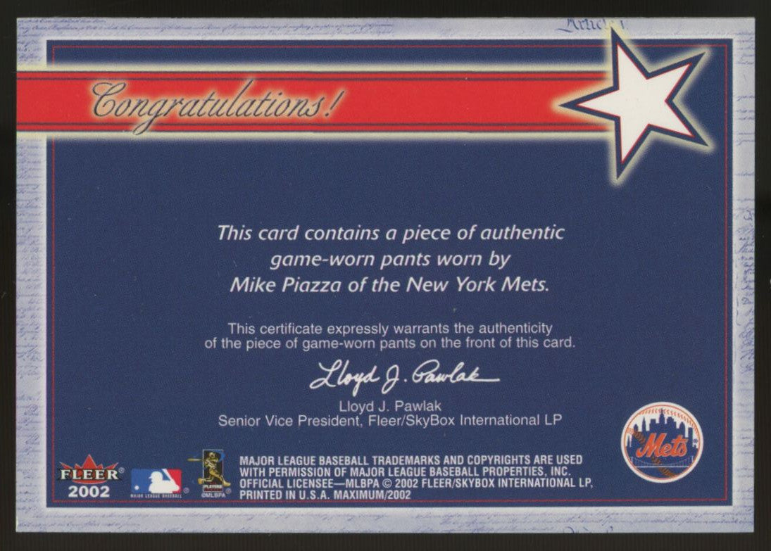 2002 Fleer Maximum Mike Piazza America's Game Game Worn Patch /100