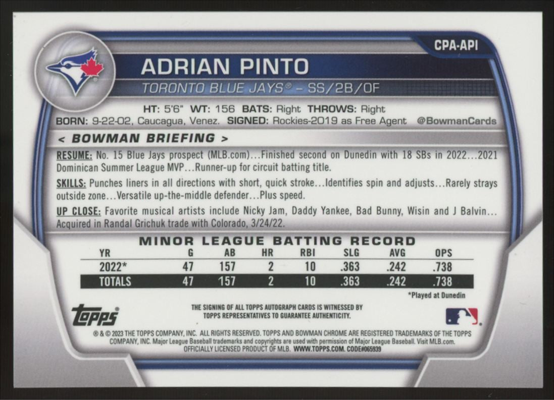2023 Bowman Chrome Adrian Pinto 1st Yellow Auto Refractor /75 #CPA-API