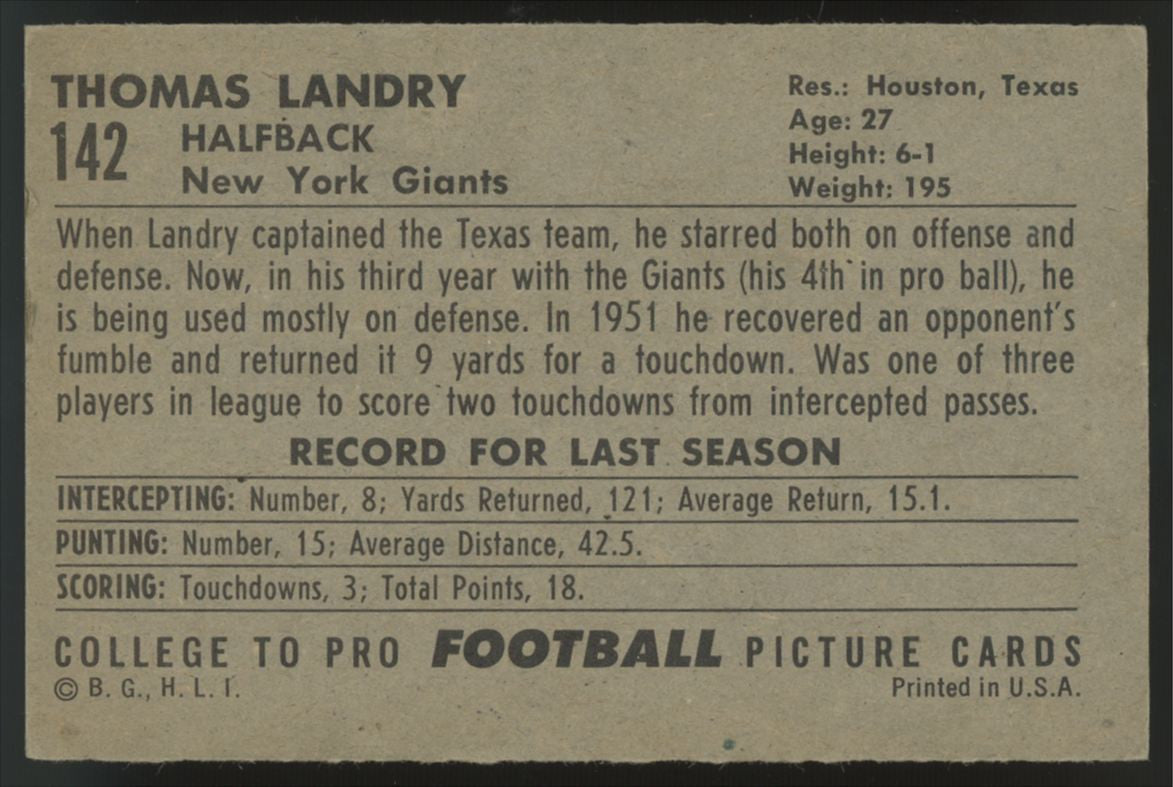 1952 Bowman Large Thomas Tom Landry #142 VG/EX