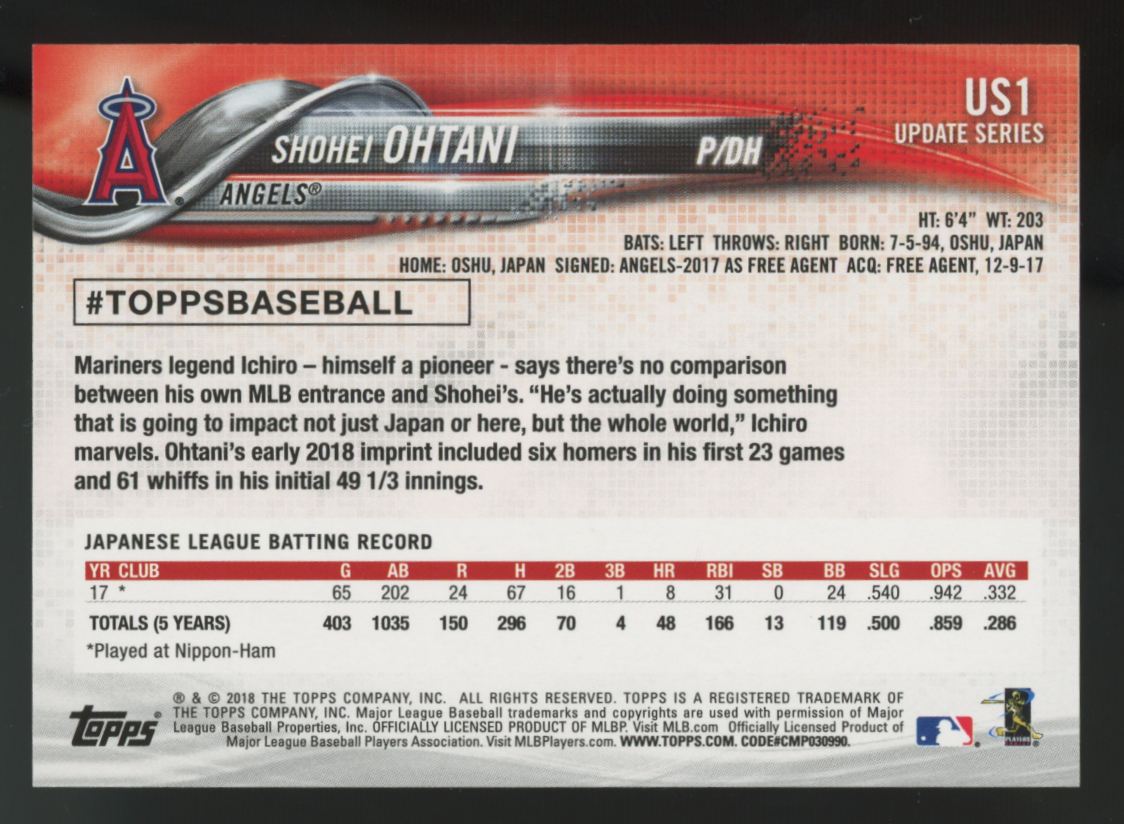 2018 Topps Update Shohei Ohtani RC #US1 "G"