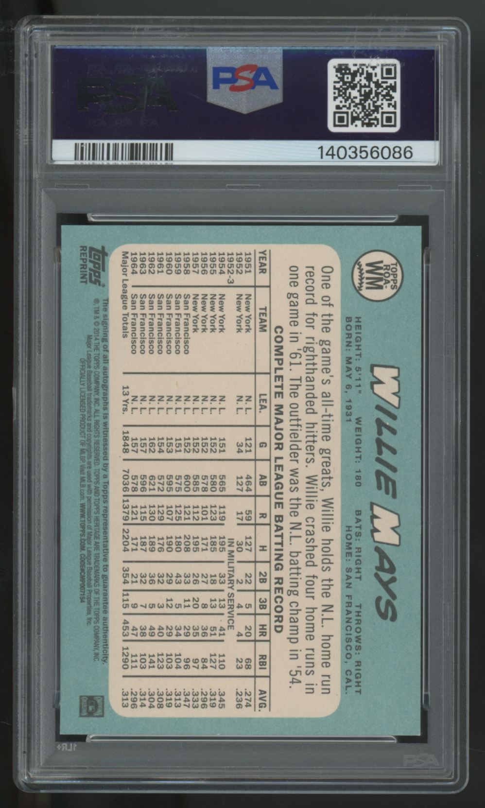 2014 Topps Heritage Willie Mays Real One Auto /65 #ROA-WM PSA 9 10