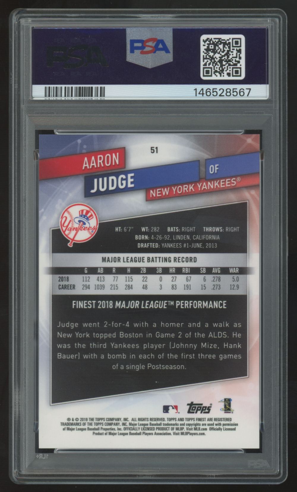 2019 Topps Finest Aaron Judge Gold Refractor /50 #51 PSA 10