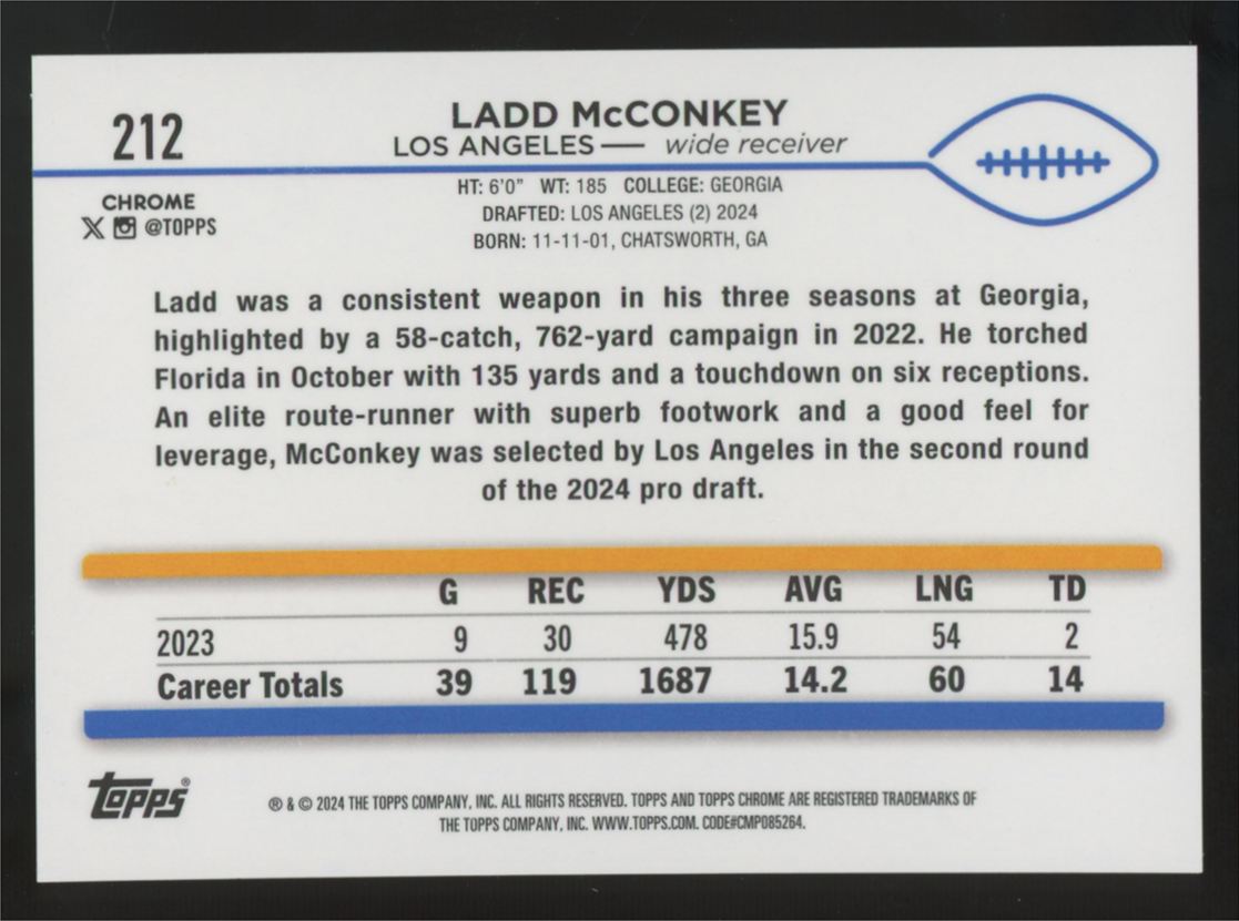 2024 Topps Chrome Ladd McConkey RC Gold Refractor /50 #212