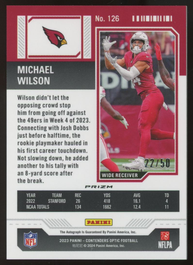 2023 Contenders Optic Michael Wilson RC Ticket Orange Auto /50 #126
