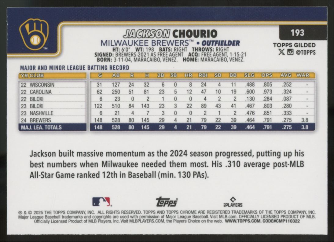2025 Topps Gilded Jackson Chourio /99 #193