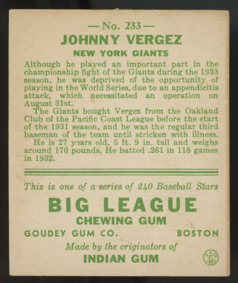 1933 Goudey Johnny Vergez #233 EX-MT