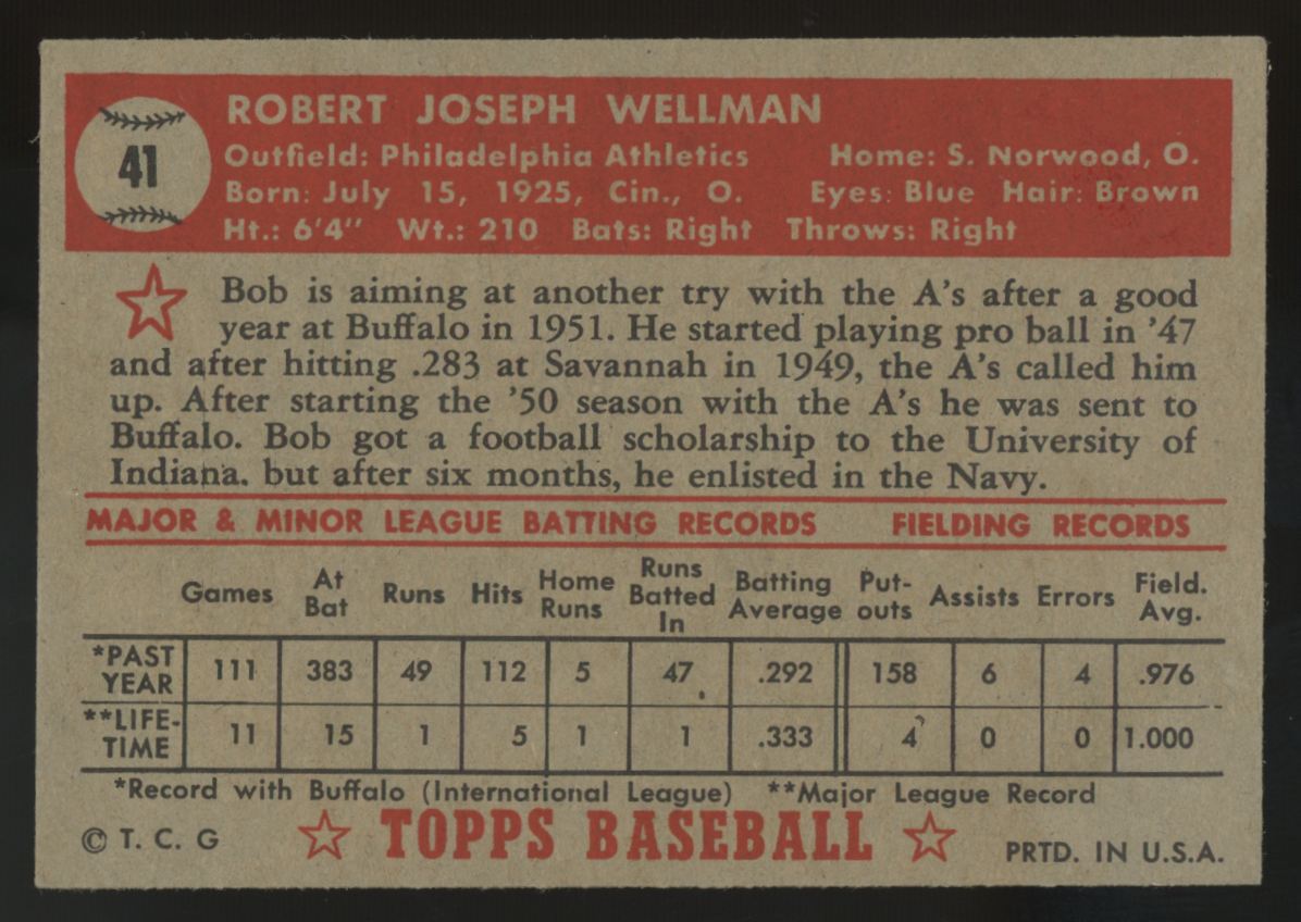 1952 Topps Bob Wellman RC #41 VG/EX