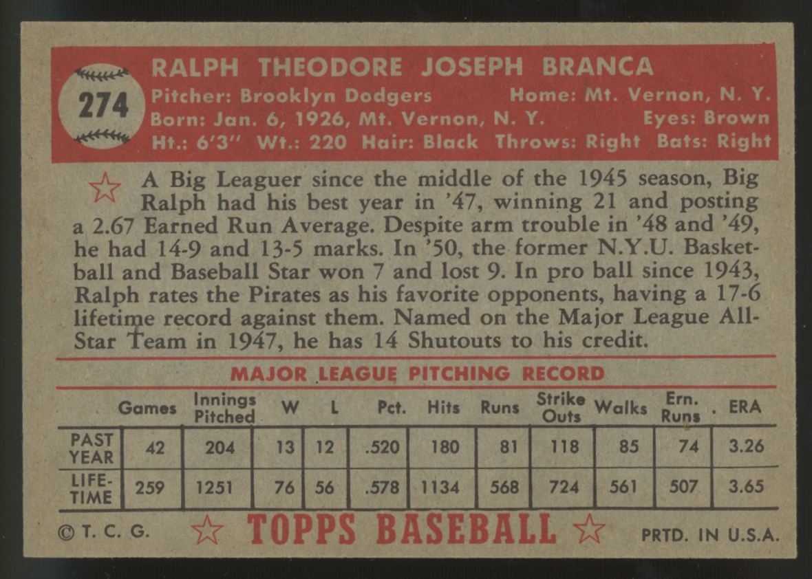 1952 Topps Ralph Branca #274 NM