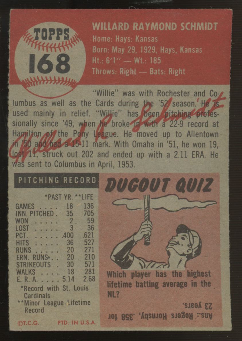 1953 Topps Willard Schmidt #168 EX