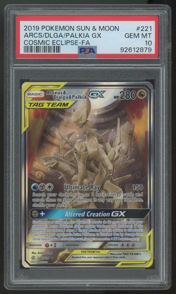 2019 Pokemon Arceus & Dialga & Palkia GX Cosmic Eclipse Full Art #221 PSA 10 (B)