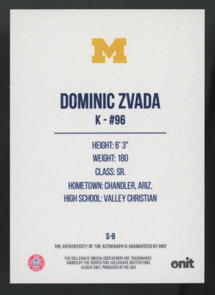 2025 Onit University Of Michigan Dominic Zvada Gold Circles Auto /25 #S-9