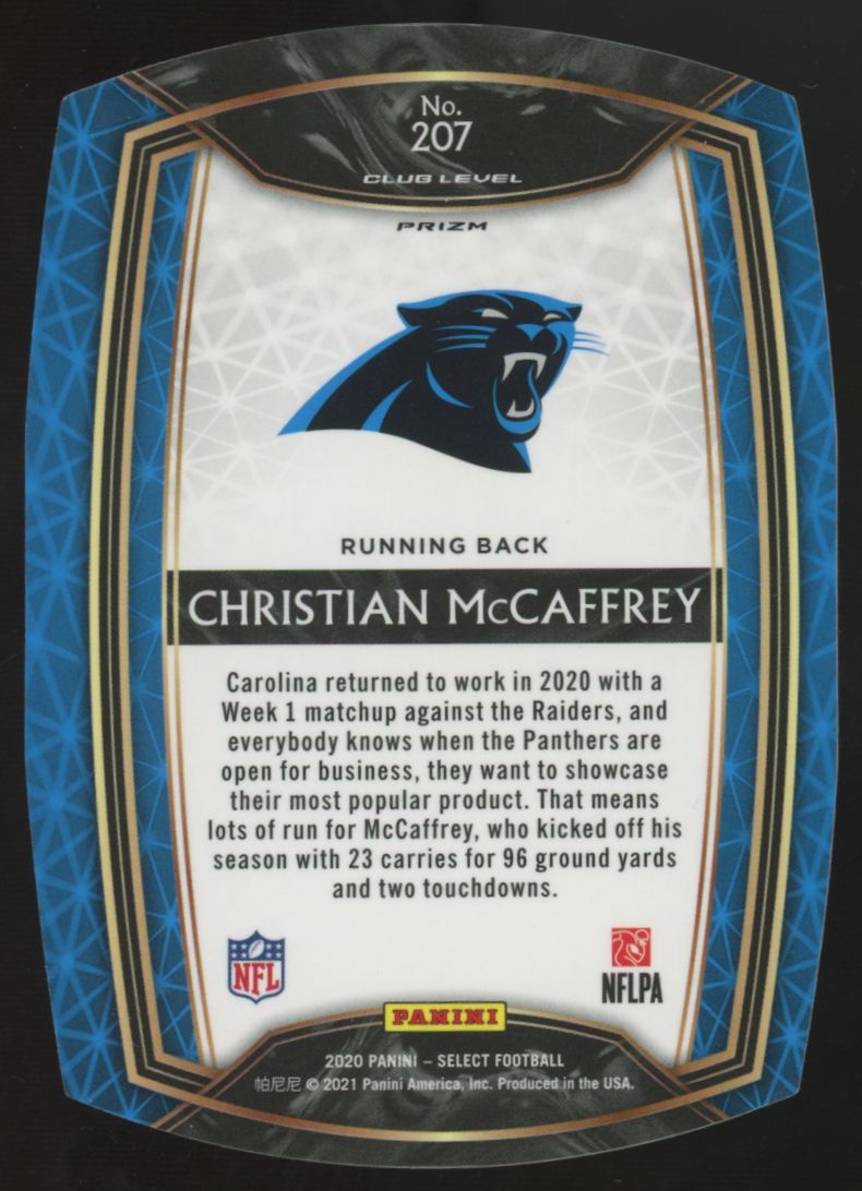 2020 Panini Select Christian McCaffrey Zebra Die-Cut Prizm SSP #207