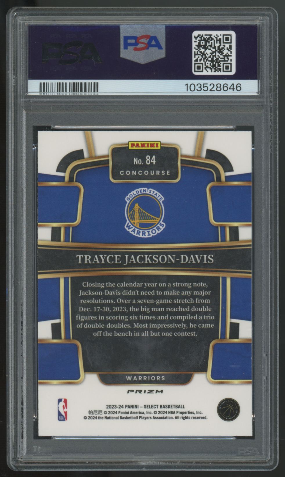 2023-24 Panini Select Trayce Jackson-Davis RC Concourse Tiger Prizm SSP PSA 10