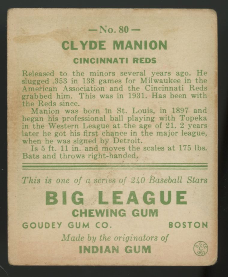 1933 Goudey Clyde Manion #80 Good