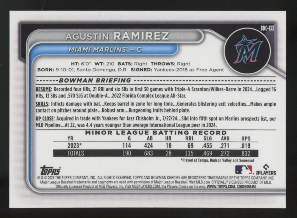 2024 Bowman Draft Agustin Ramirez Chrome Black Refractor /10 #BDC-133