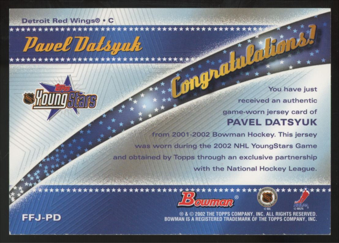 2001-02 Bowman Young Stars Pavel Datsyuk RC Fabric Of The Future Patch (Crease)