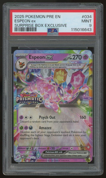 2025 Pokemon Espeon ex Prismatic Evolutions Surprise Box #034 PSA 9