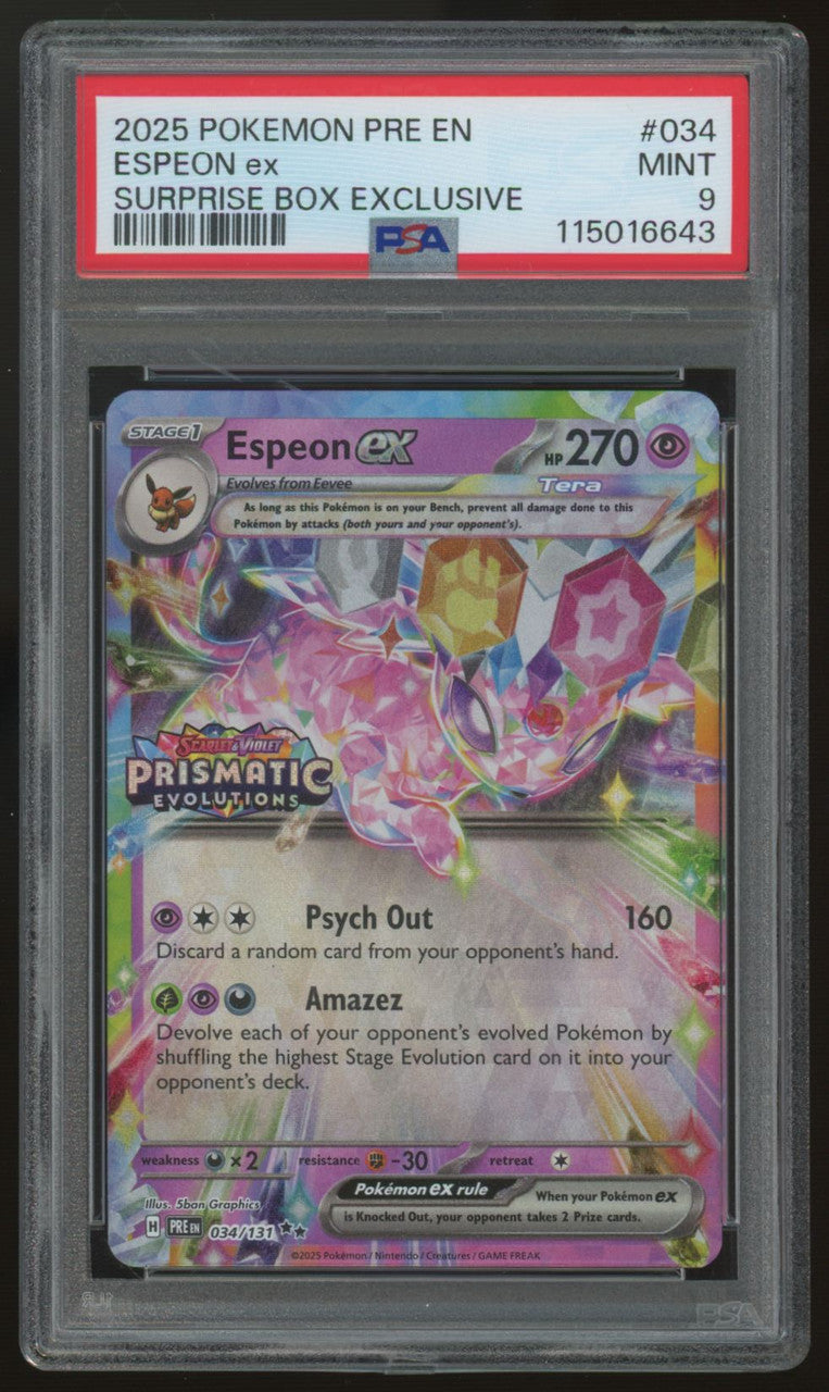 2025 Pokemon Espeon ex Prismatic Evolutions Surprise Box #034 PSA 9