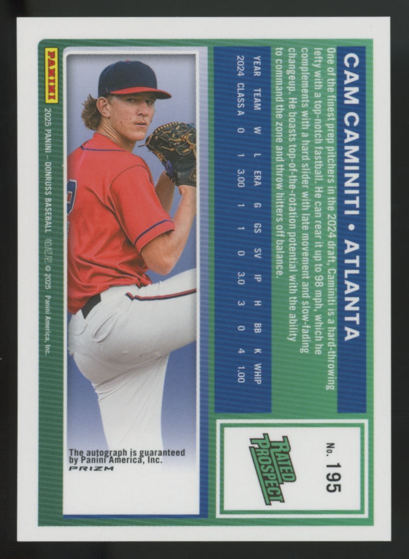 2025 Panini Donruss Optic Preview Cam Caminiti Rated Prospect Holo Auto #195