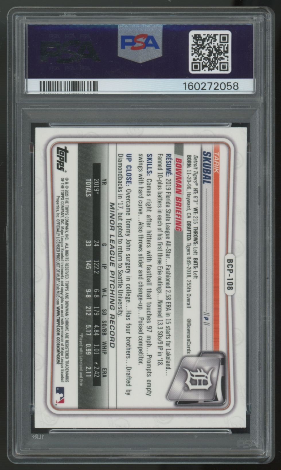 2020 Bowman Chrome Tarik Skubal 1st Prospects #BCP-108 PSA 10